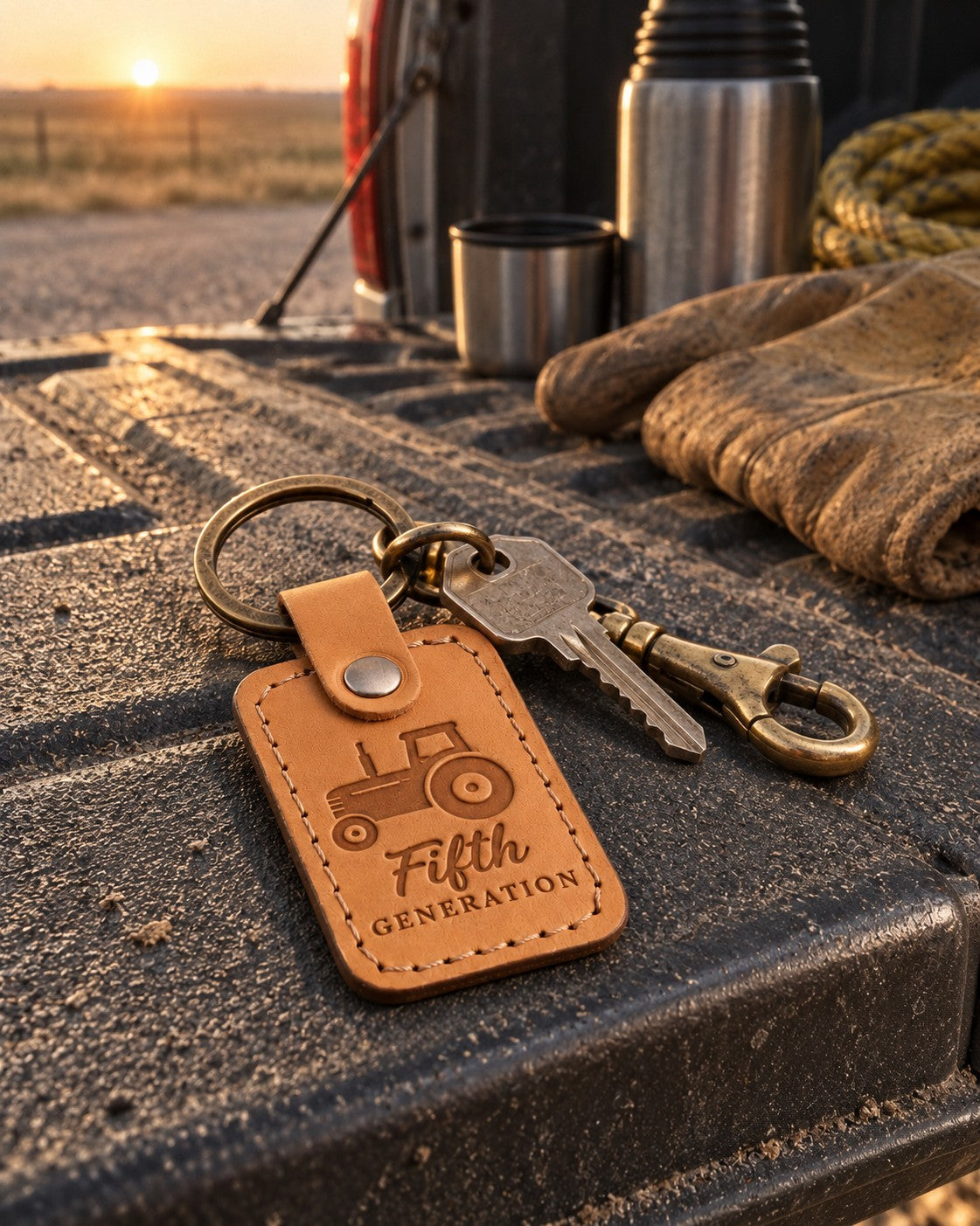 Fifth Generation keychain in golden tan leather on farm truck keys lying on a weathered barn workbench