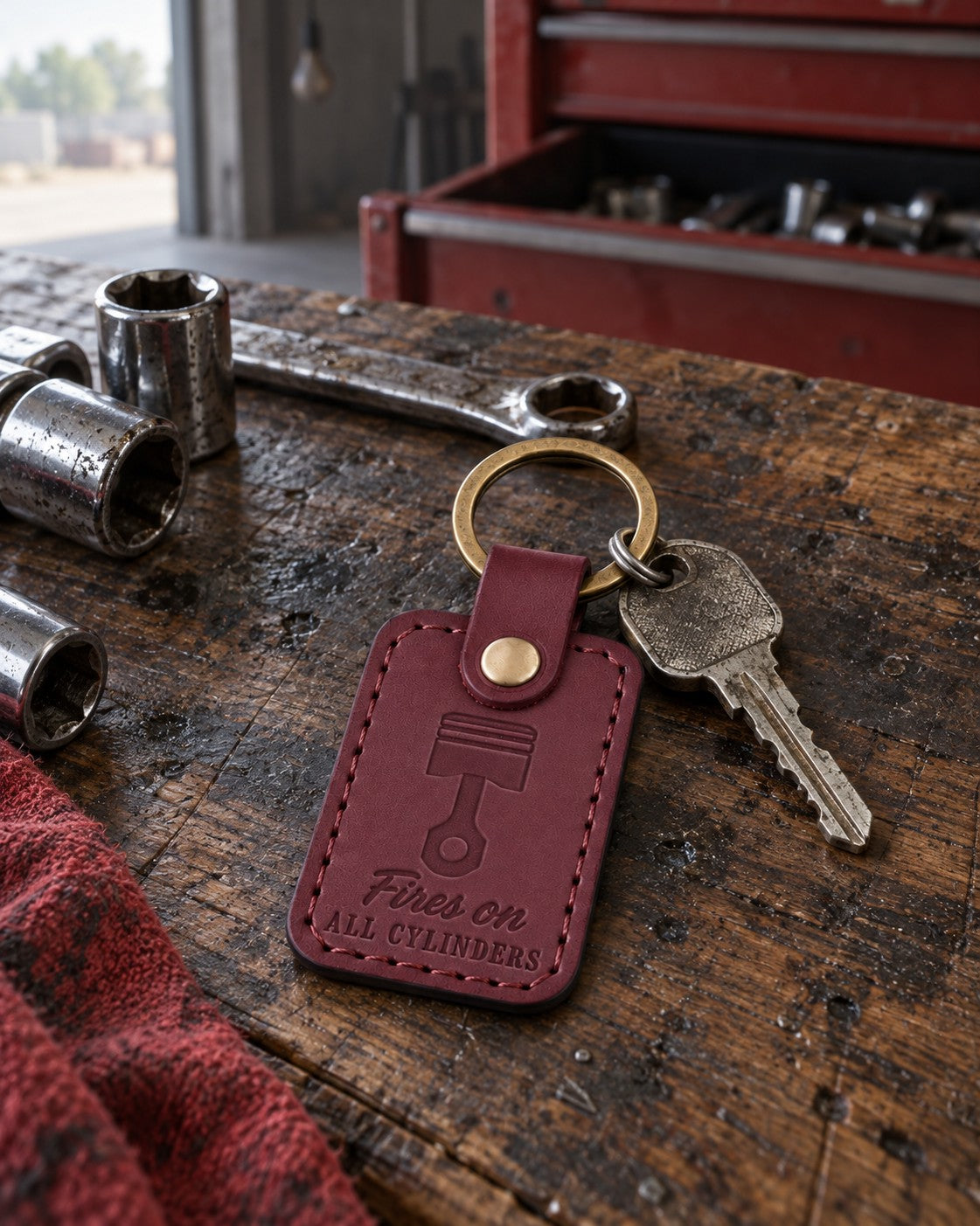Wine red Fires on ALL CYLINDERS keychain on car keys tucked into a greeting card on a kitchen table