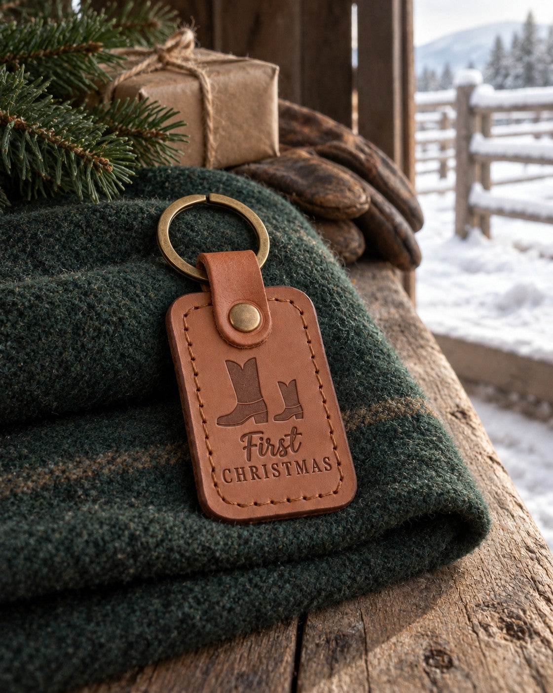 Caramel First CHRISTMAS keychain on a folded green wool blanket inside a barn door, a kraft parcel tied with twine behind it and snow outside