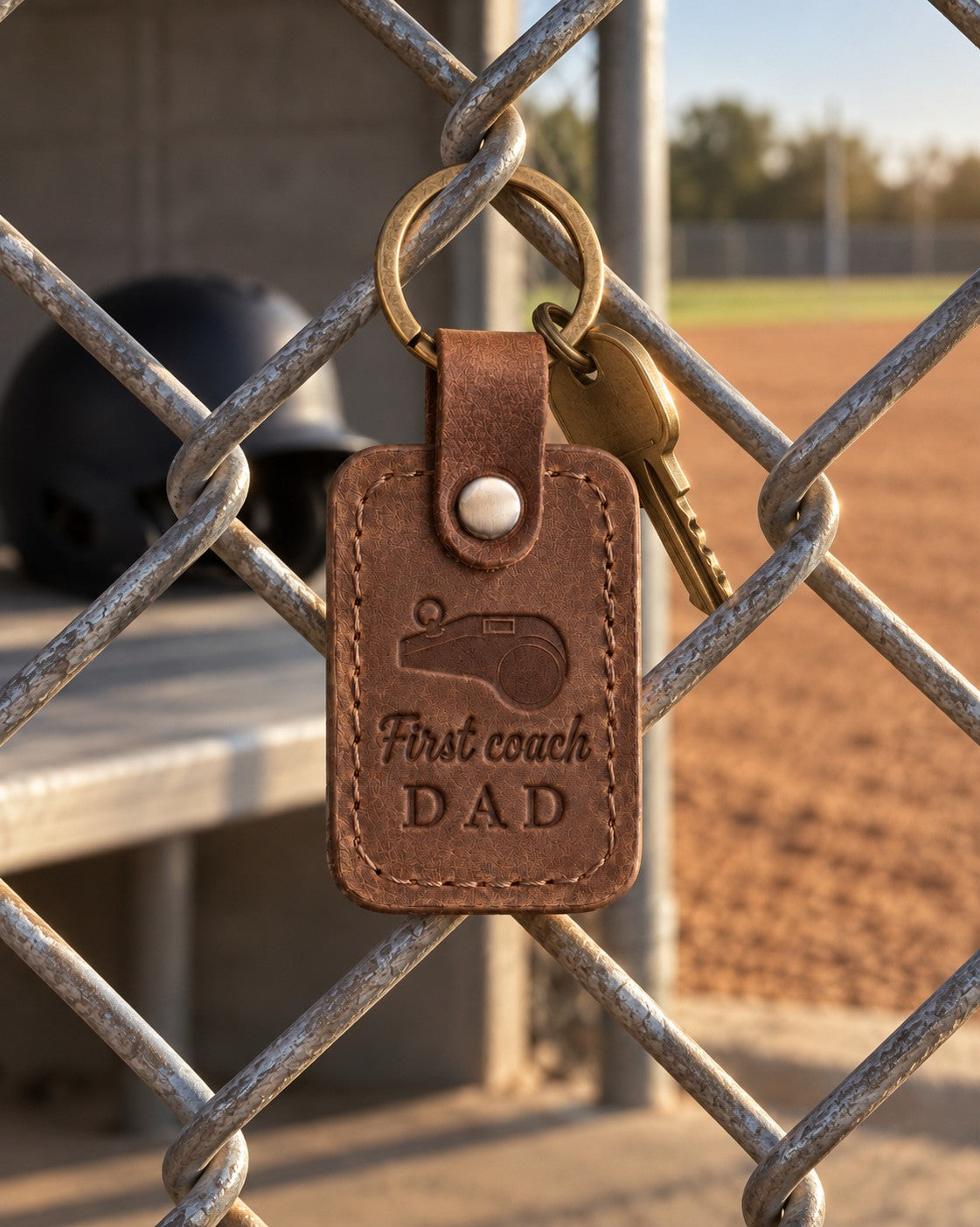Brown First Coach Dad keychain hanging on a chain-link dugout fence in warm late-afternoon light