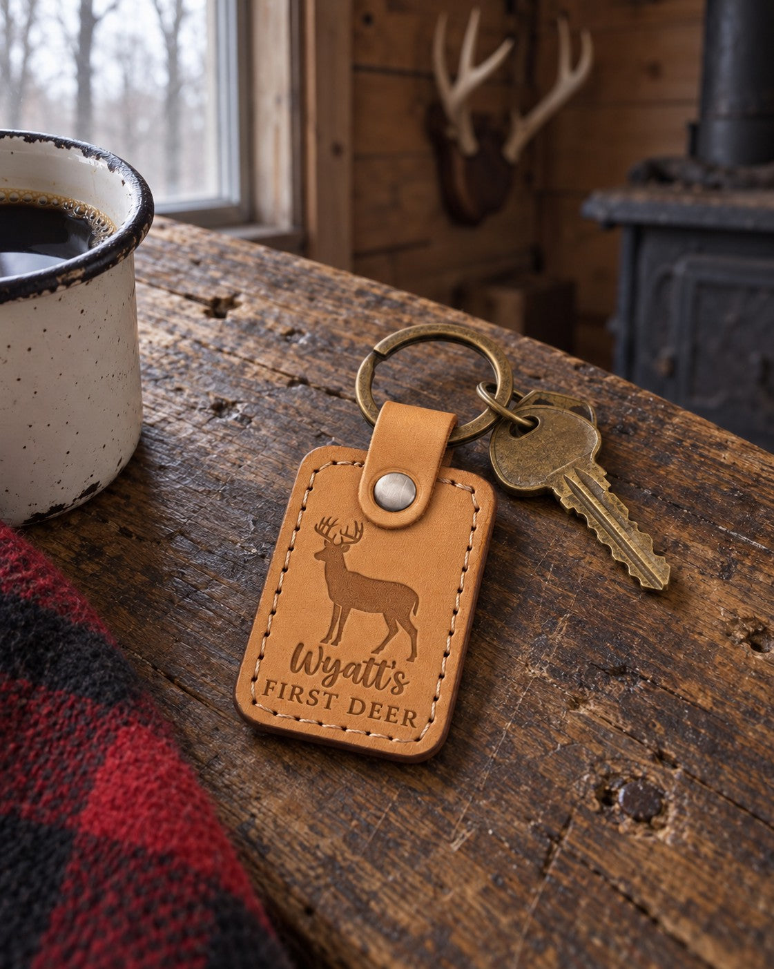 Wyatt's First Deer keychain in golden tan leather on a teenager's first truck key beside a blaze orange vest