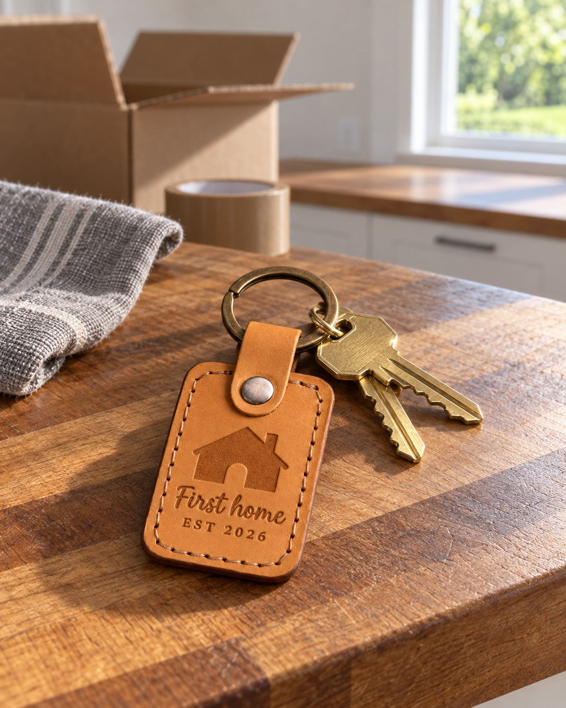 Golden tan First home EST 2026 keychain on a new house key handed across a closing table