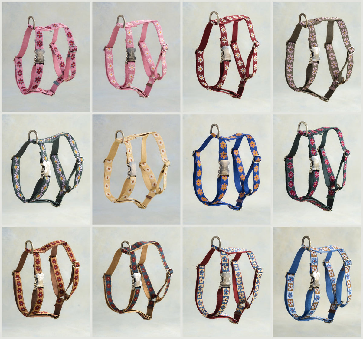 All 12 flower patterns of the floral dog harness side by side