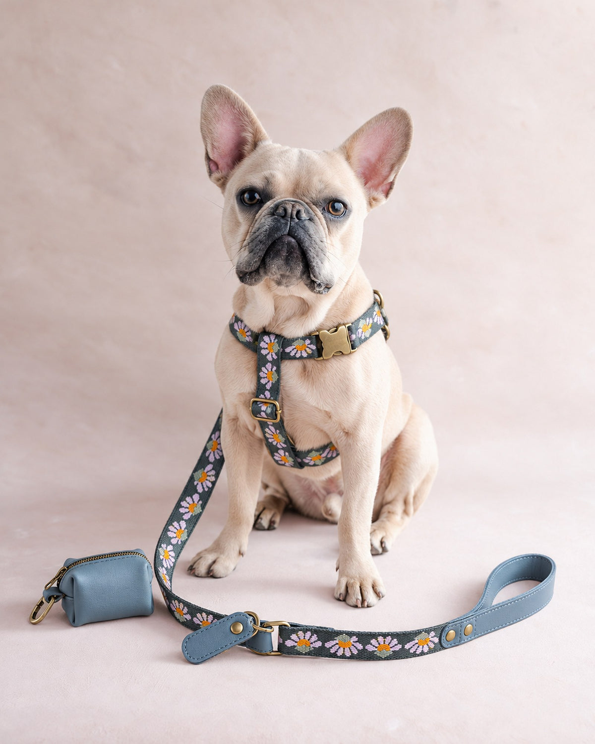 French bulldog in a floral dog harness with lilac daisies on forest green and the matching webbing leash