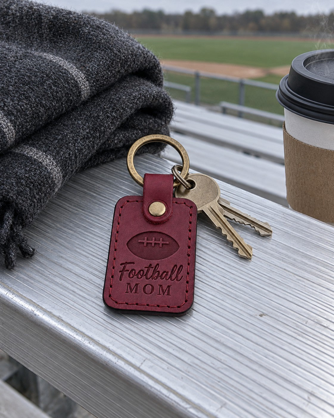Wine red Football Mom keychain on car keys resting on a stadium blanket under evening lights