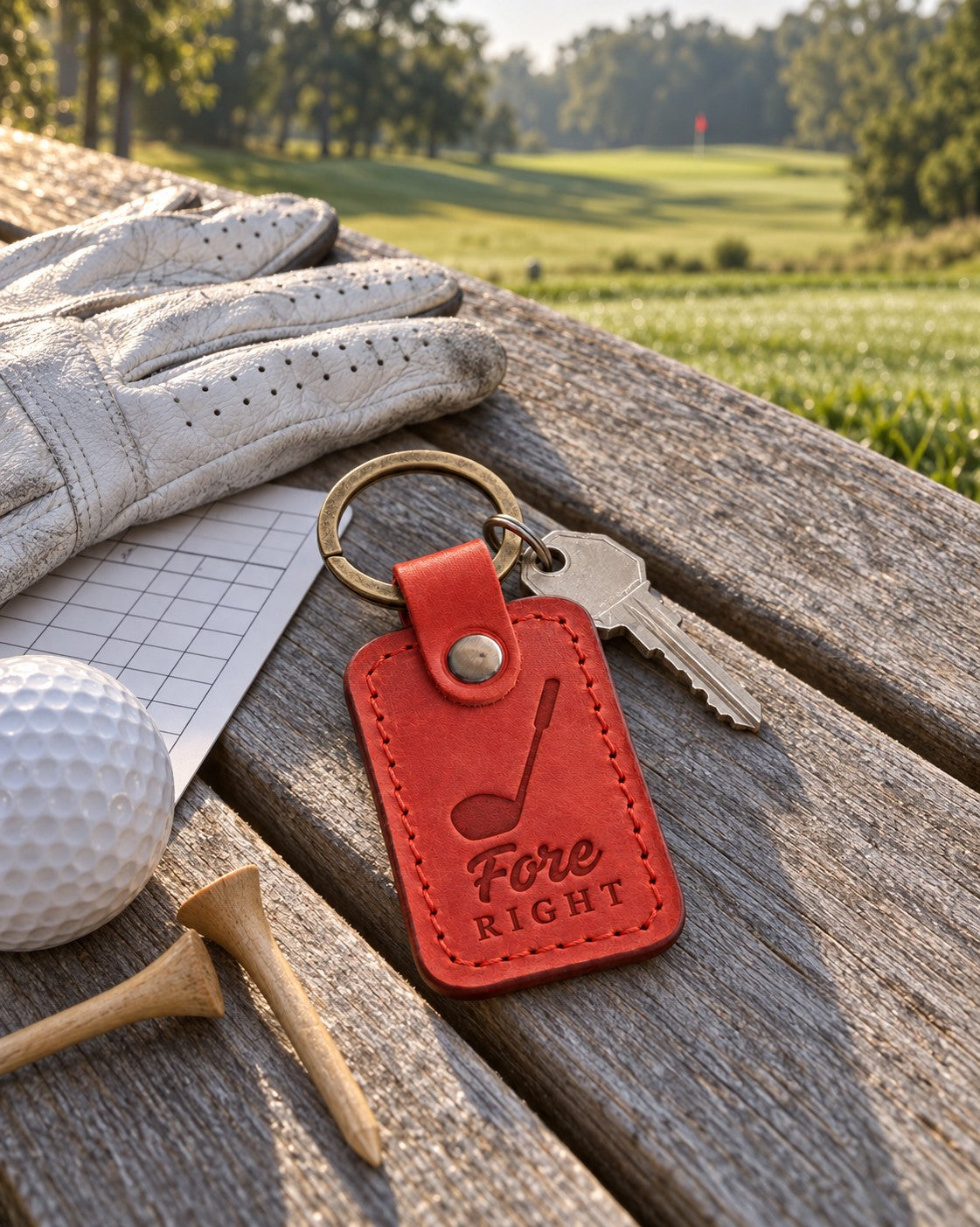 Fore Right keychain in bright red leather hanging from a golf bag beside a driver headcover on a tee box
