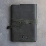Forest Green leather journal, Medium size, front with a debossed name