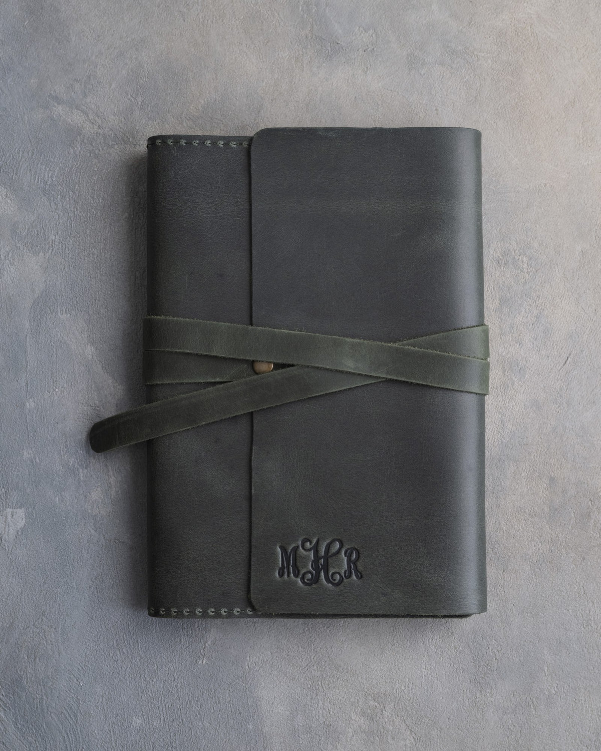 Forest Green leather journal, Medium size, front with a debossed name