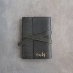 Forest Green leather journal, Small size, front with a debossed name