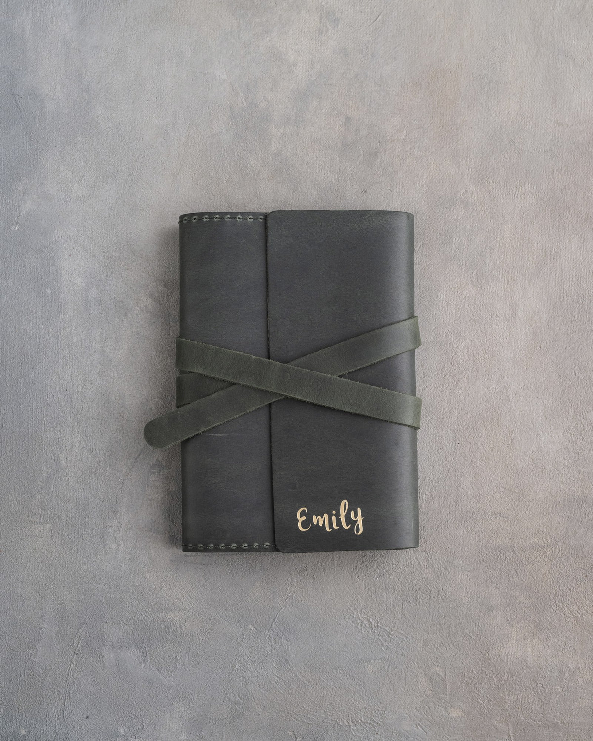 Forest Green leather journal, Small size, front with a debossed name