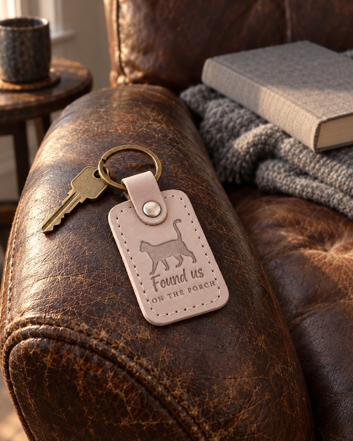 Gray Found Us on the Porch keychain on a weathered wooden porch step in morning light
