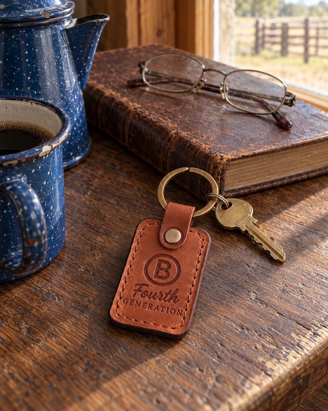 Fourth GENERATION ranch brand keychain in Arizona leather on a ranch kitchen table next to a speckled enamel coffee pot