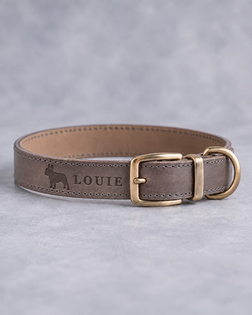 Country Gray leather dog collar with a French bulldog silhouette and the name LOUIE debossed, brass pin buckle
