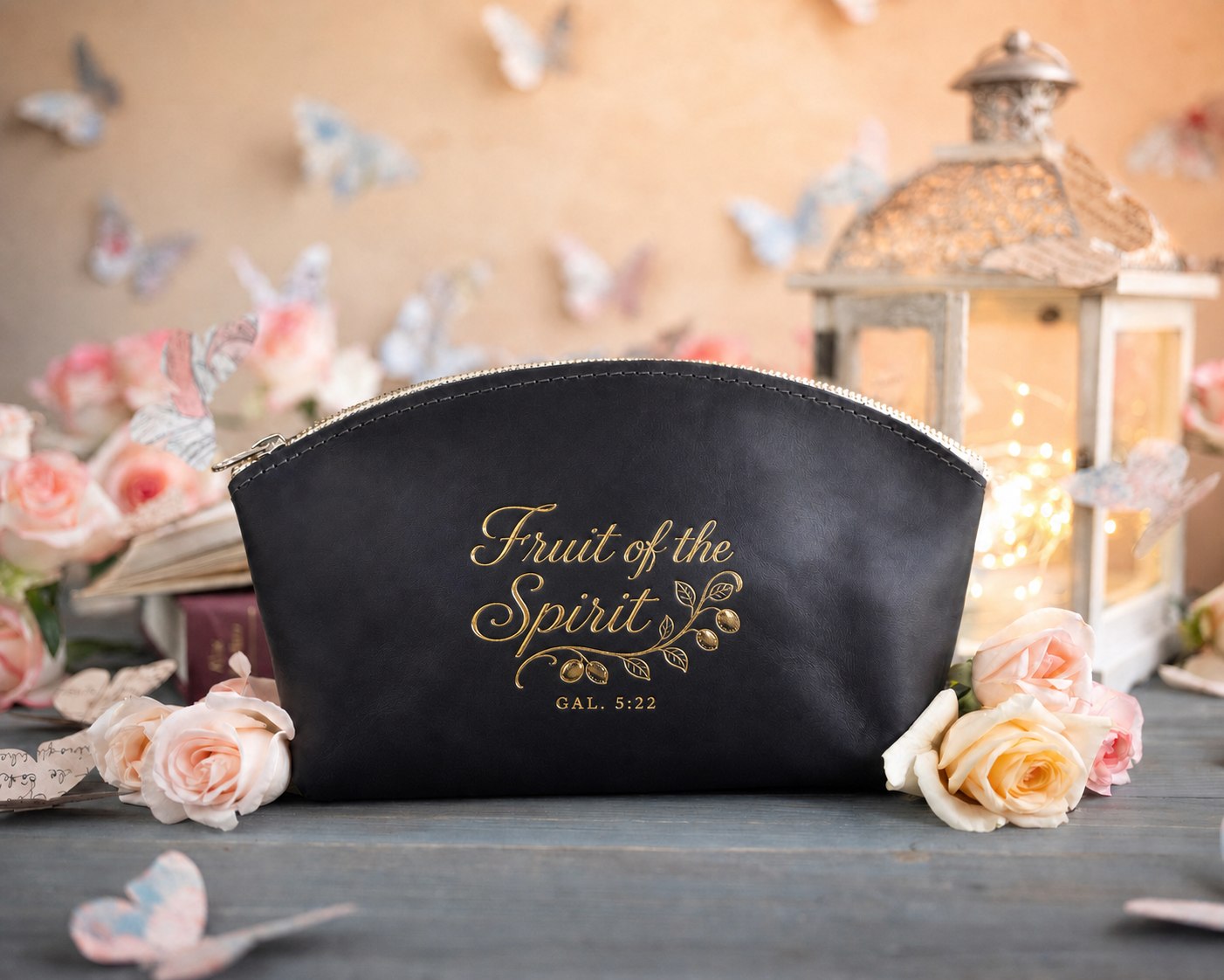 Fruit Of The Spirit Gal. 5:22 Black full-grain leather makeup bag, Christian scripture gift
