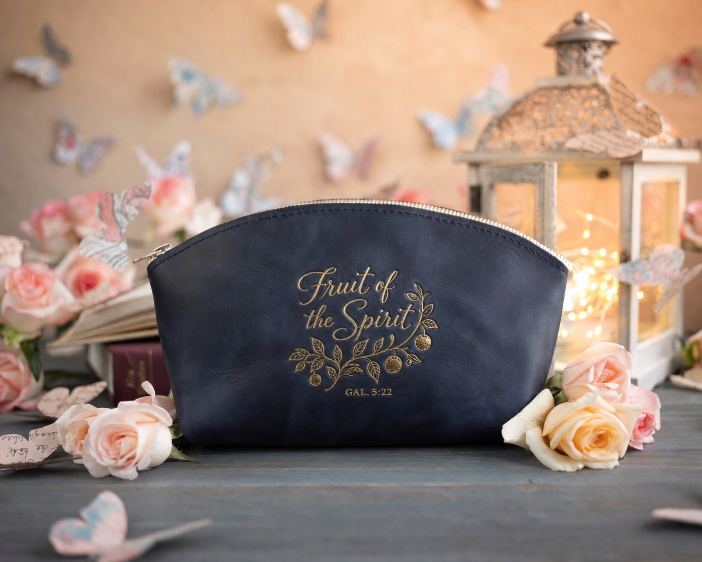 Fruit Of The Spirit Gal. 5:22 Blueberry full-grain leather makeup bag, Christian scripture gift