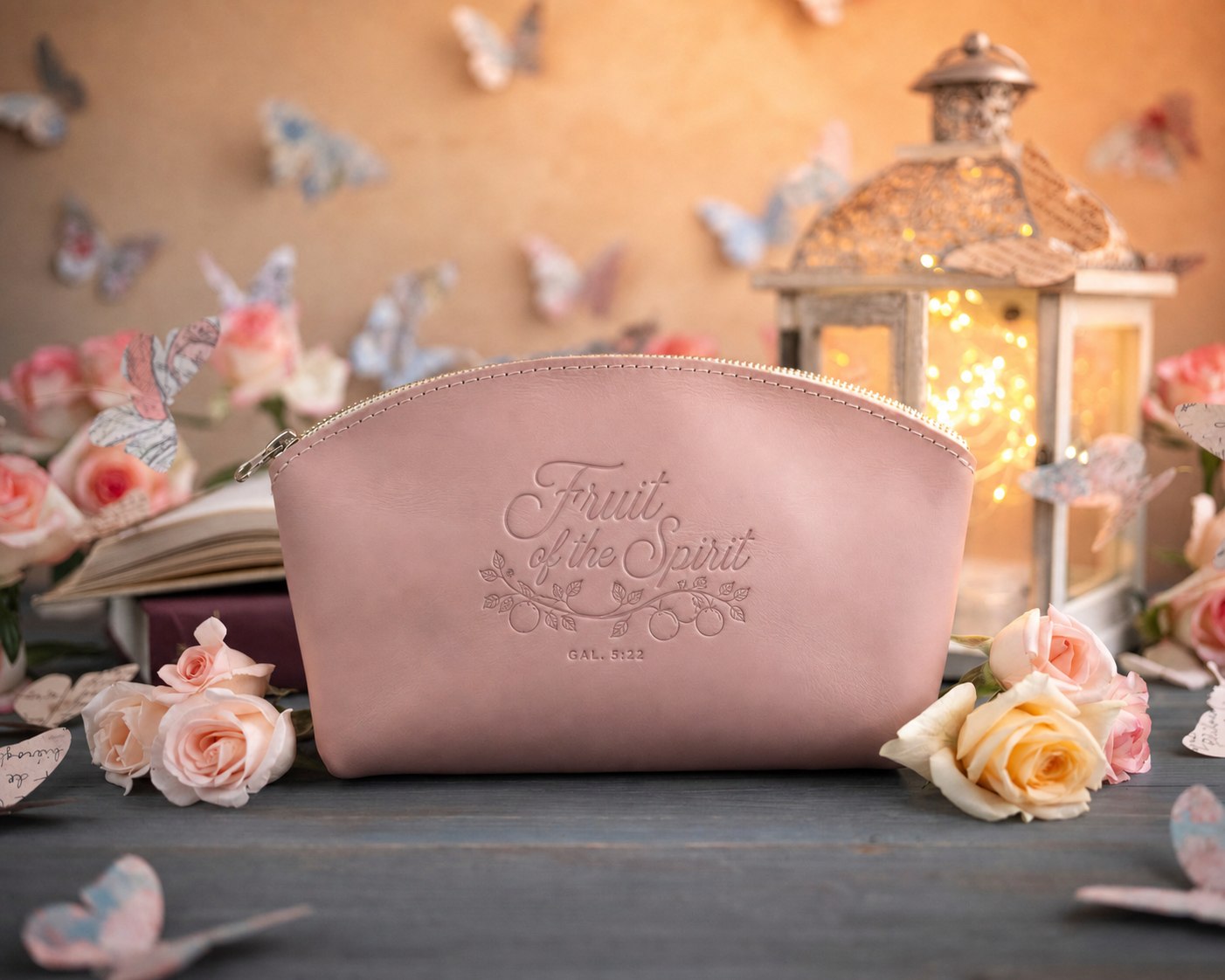 Fruit Of The Spirit Gal. 5:22 Blush full-grain leather makeup bag, Christian scripture gift