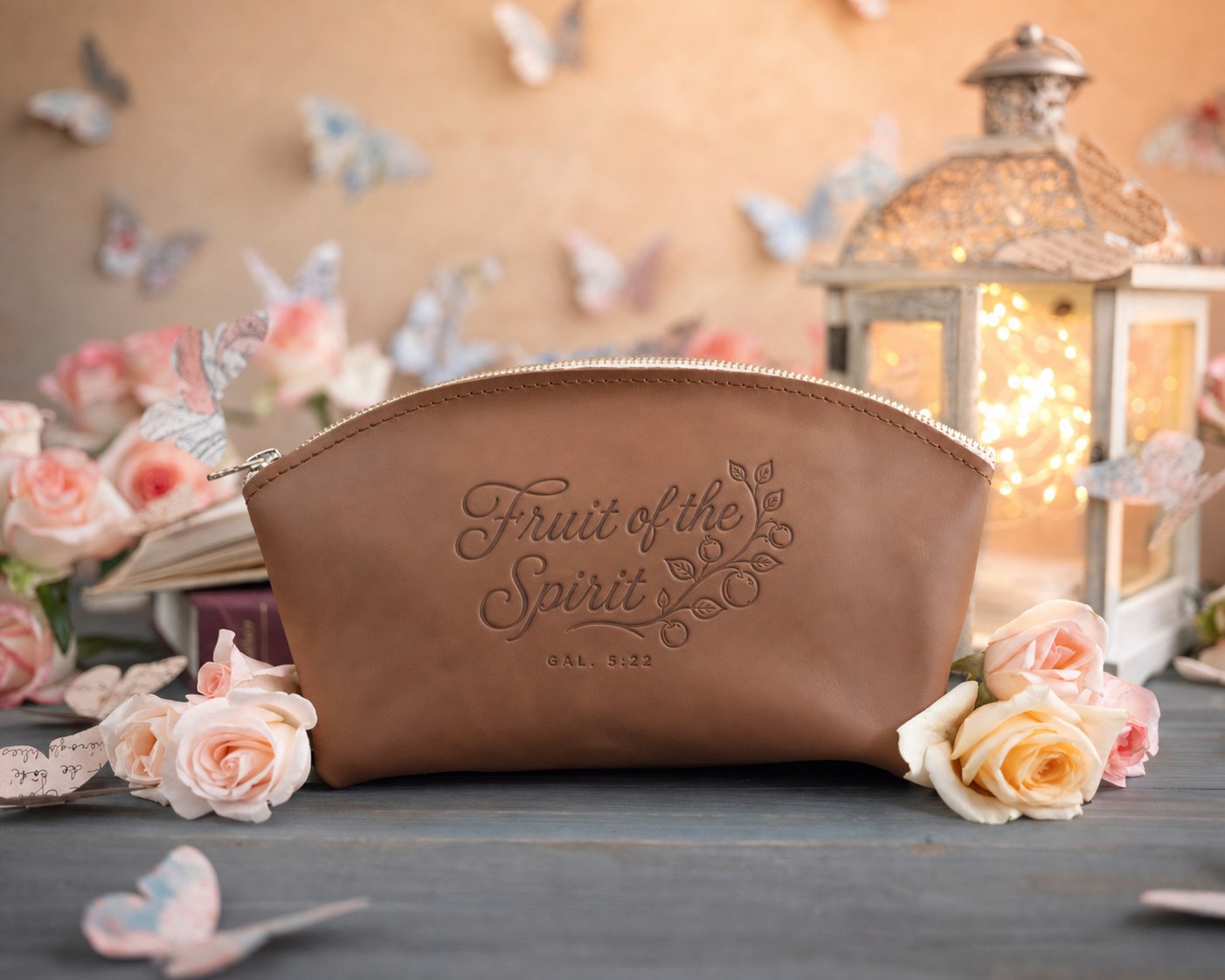 Fruit Of The Spirit Gal. 5:22 Caramel full-grain leather makeup bag, Christian scripture gift