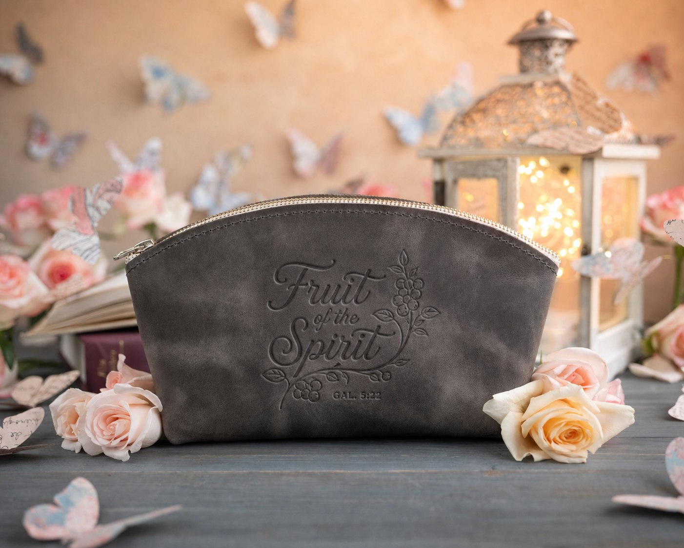 Fruit Of The Spirit Gal. 5:22 Country Gray full-grain leather makeup bag, Christian scripture gift