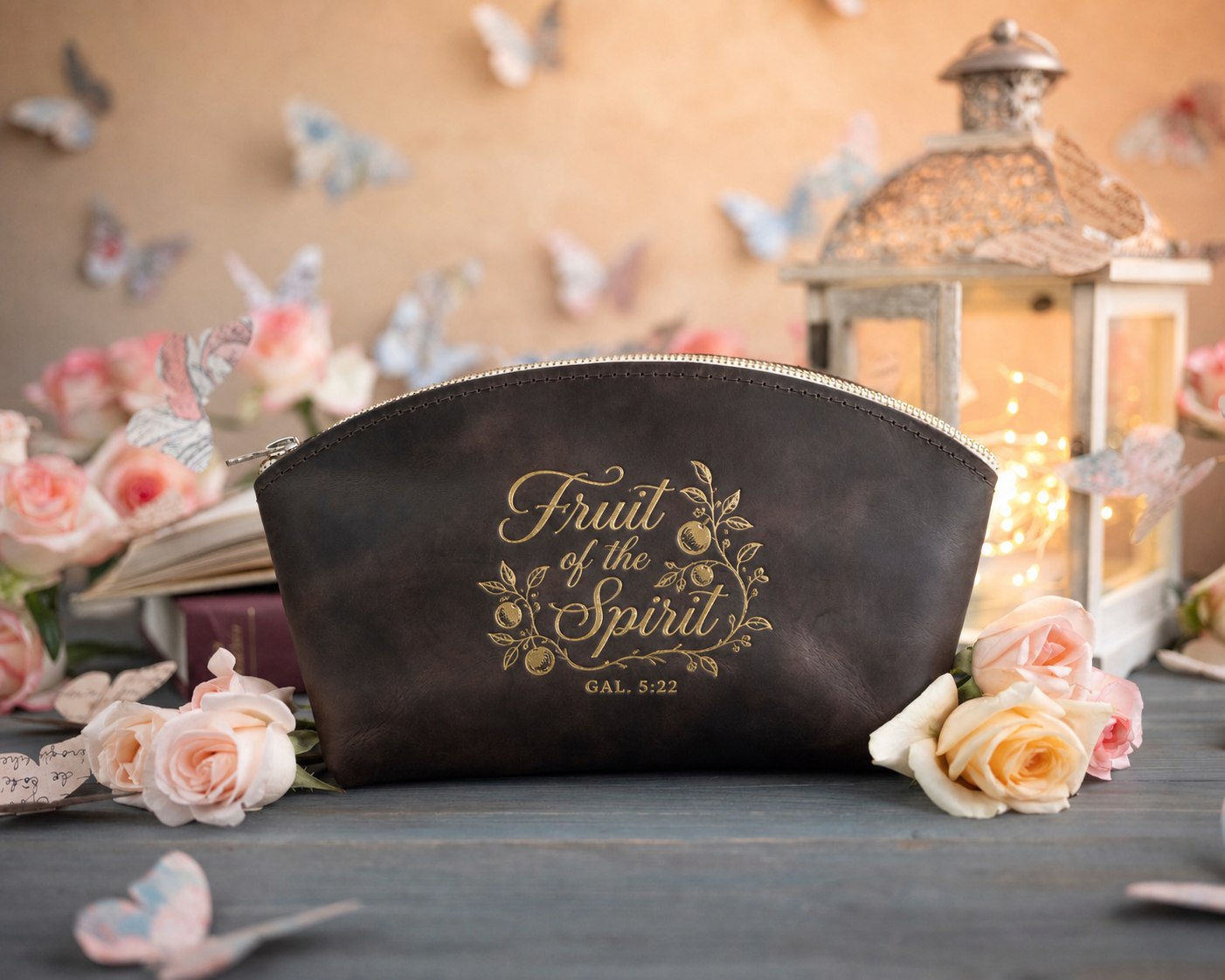 Fruit Of The Spirit Gal. 5:22 Dark Espresso full-grain leather makeup bag, Christian scripture gift