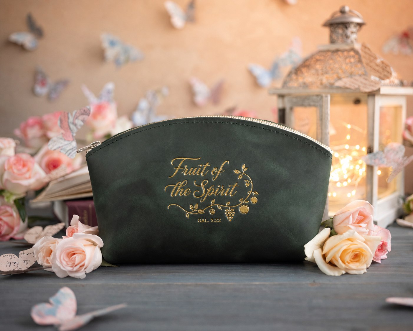 Fruit Of The Spirit Gal. 5:22 Forest Green full-grain leather makeup bag, Christian scripture gift