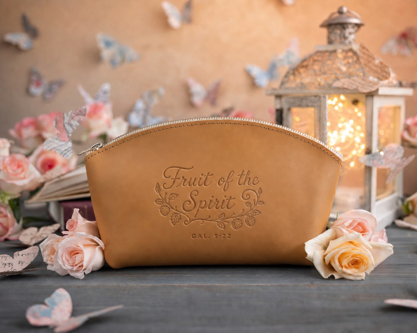 Fruit Of The Spirit Gal. 5:22 Indian Summer full-grain leather makeup bag, Christian scripture gift