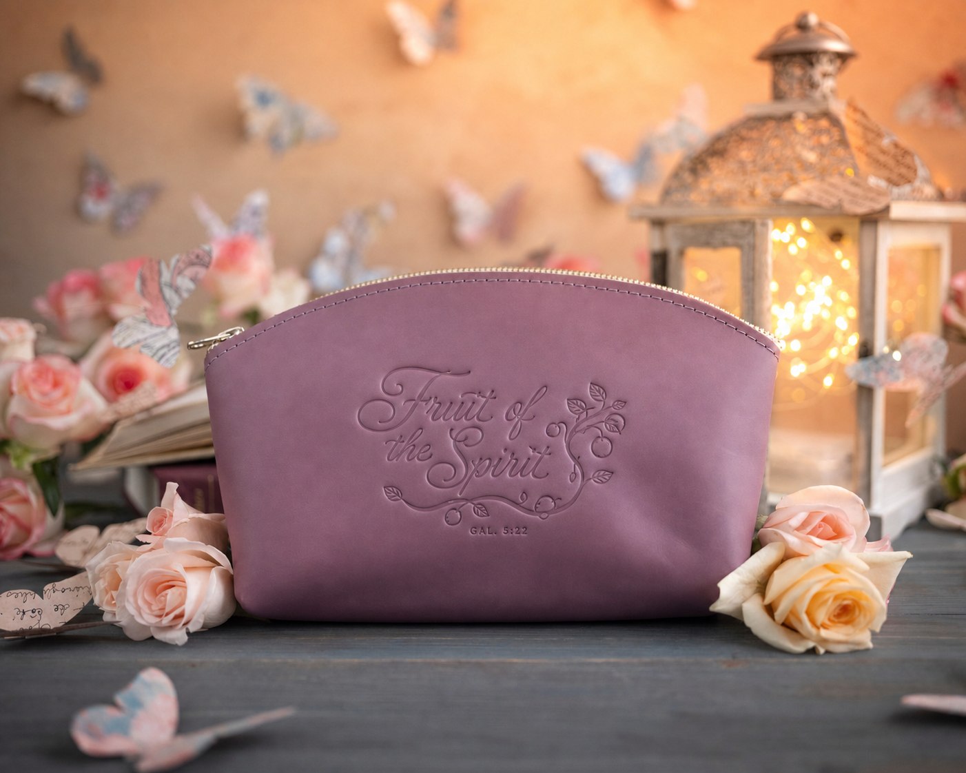 Fruit Of The Spirit Gal. 5:22 Lilac full-grain leather makeup bag, Christian scripture gift