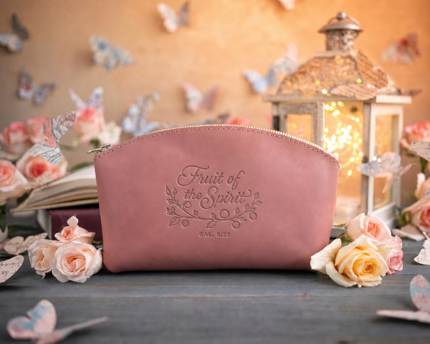 Fruit Of The Spirit Gal. 5:22 Parisian Blossom full-grain leather makeup bag, Christian scripture gift