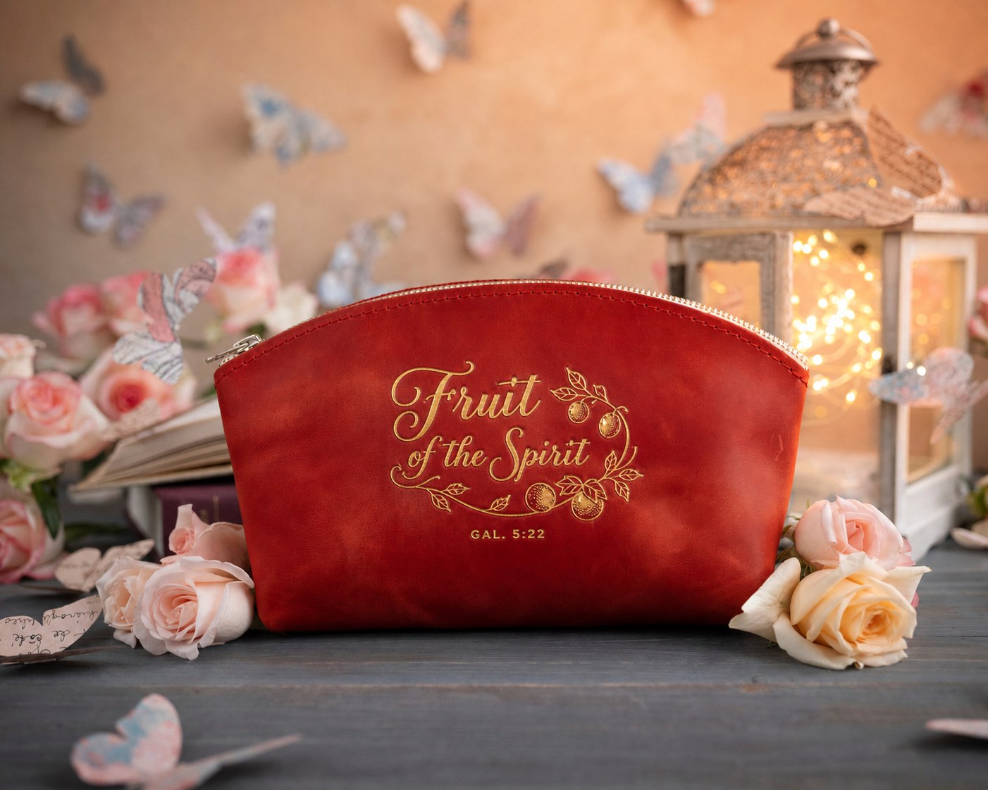 Fruit Of The Spirit Gal. 5:22 Poppy Red full-grain leather makeup bag, Christian scripture gift