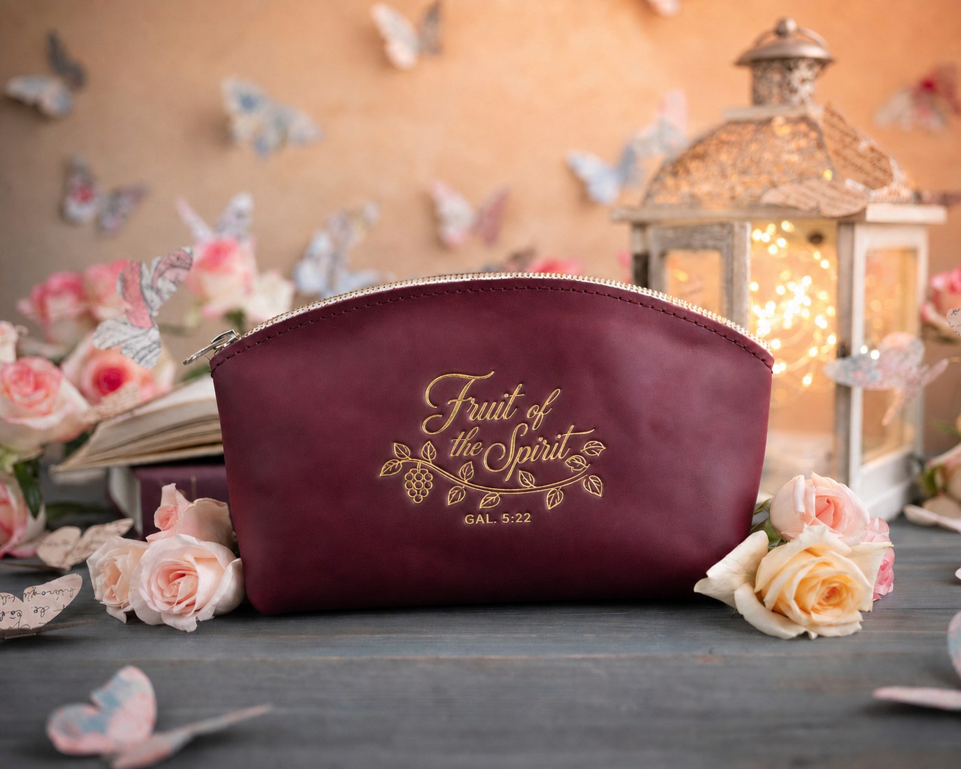 Fruit Of The Spirit Gal. 5:22 Sangria full-grain leather makeup bag, Christian scripture gift