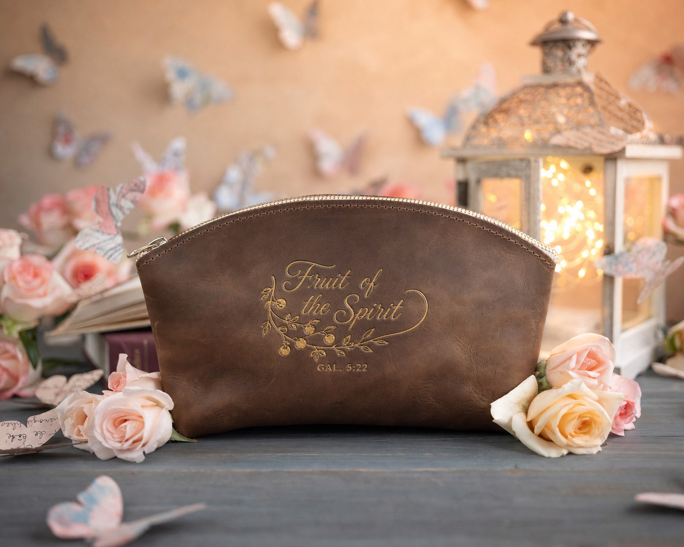 Fruit Of The Spirit Gal. 5:22 Sicilian Brown full-grain leather makeup bag, Christian scripture gift