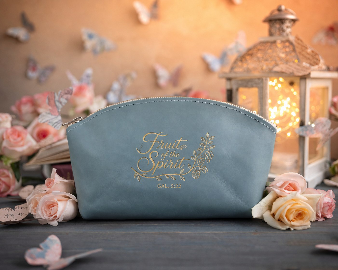 Fruit Of The Spirit Gal. 5:22 Turquoise full-grain leather makeup bag, Christian scripture gift
