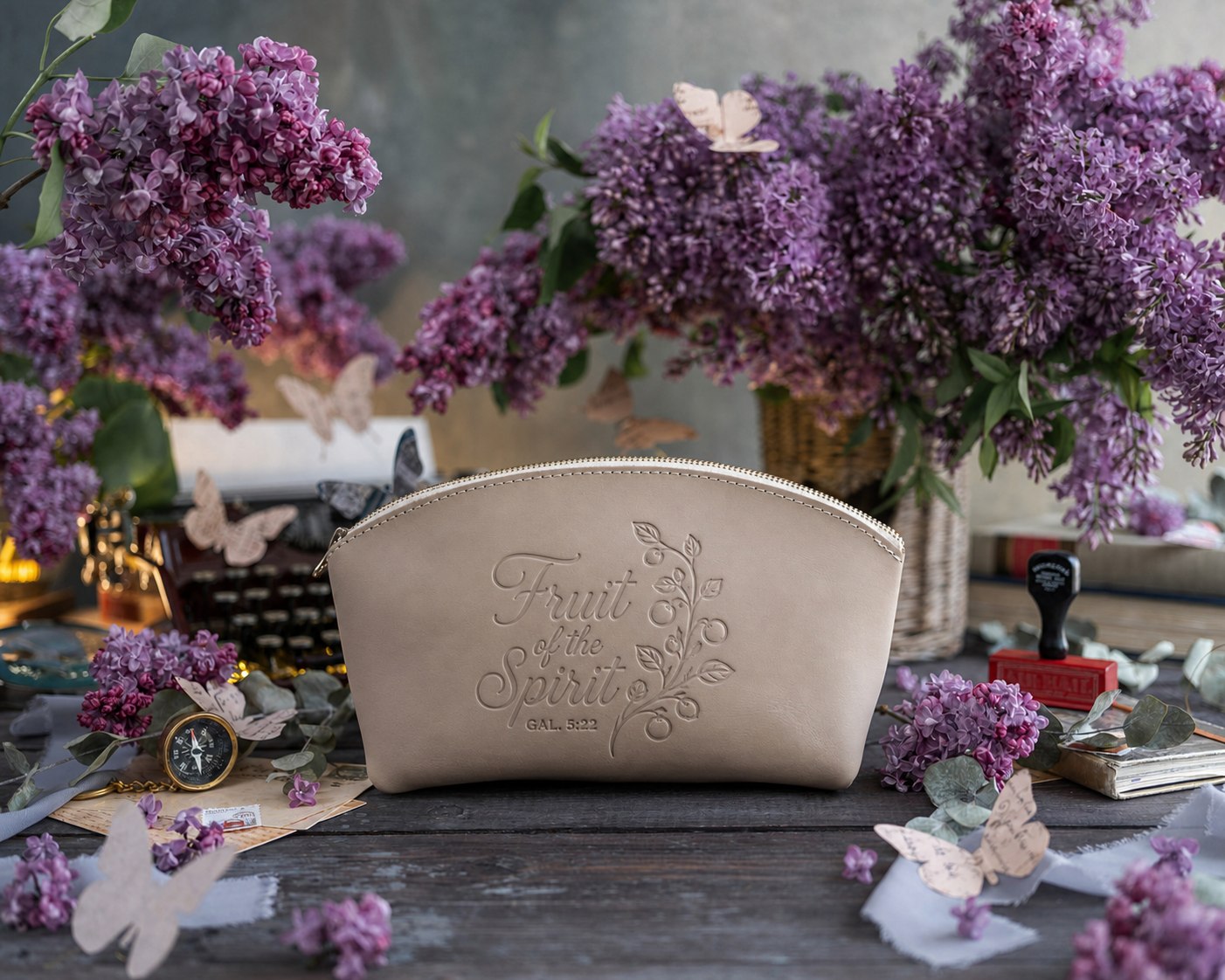 Fruit Of The Spirit Gal. 5:22 full-grain leather makeup bag, Christian scripture gift