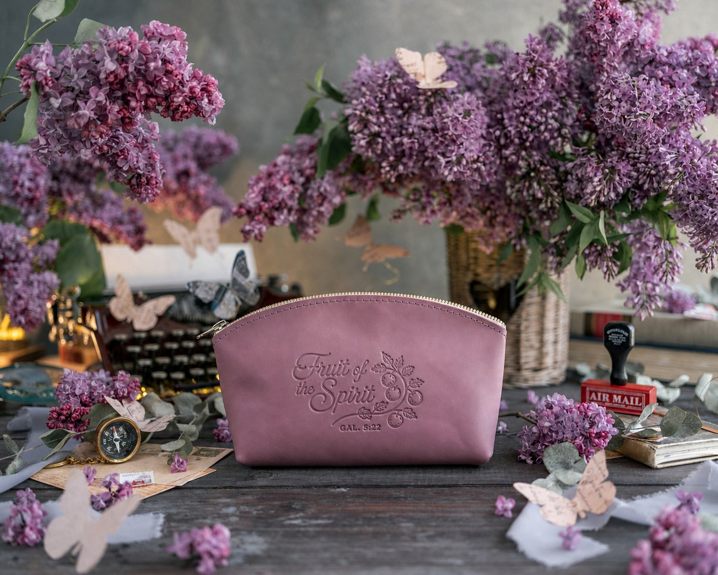 Fruit Of The Spirit Gal. 5:22 Lilac full-grain leather makeup bag, Christian scripture gift