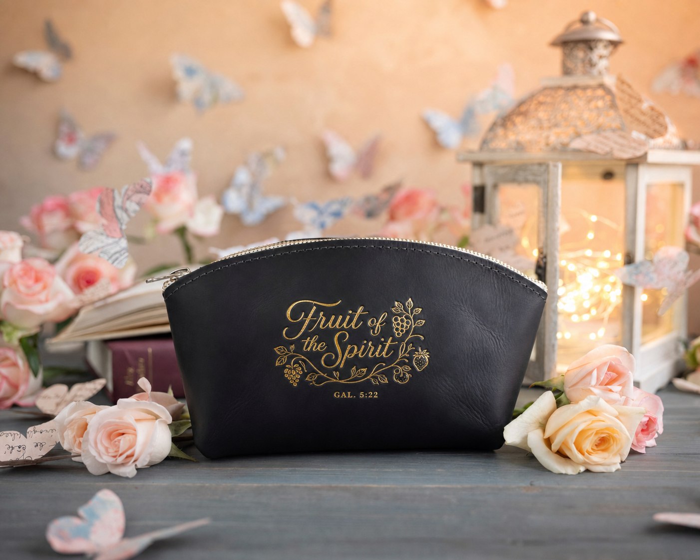 Fruit Of The Spirit Gal. 5:22 full-grain leather makeup bag, Christian scripture gift