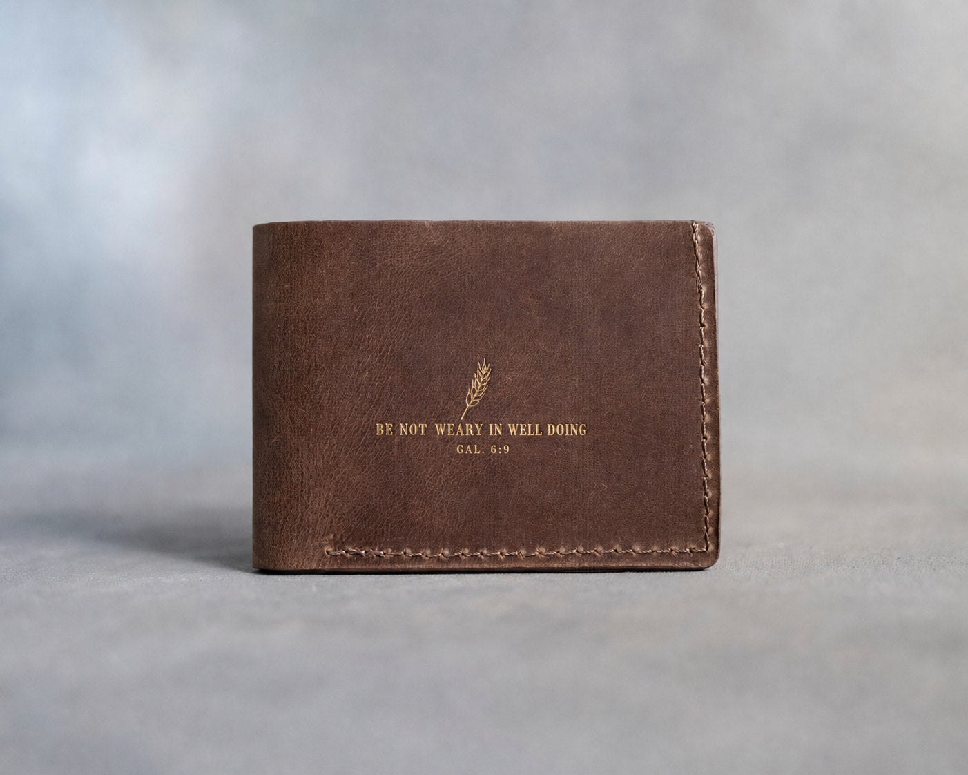 Be Not Weary In Well Doing Gal. 6:9 Sicilian Brown full-grain leather wallet, Christian scripture gift