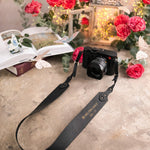 In His Own Image Genesis 1:27 Black full-grain leather camera strap, Christian scripture gift