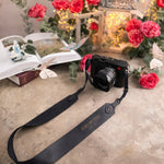 In His Own Image Genesis 1:27 Blueberry full-grain leather camera strap, Christian scripture gift