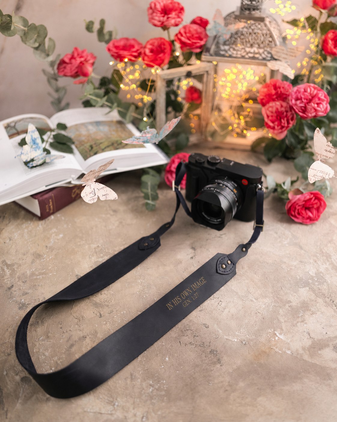 In His Own Image Genesis 1:27 Blueberry full-grain leather camera strap, Christian scripture gift