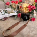 In His Own Image Genesis 1:27 Caramel full-grain leather camera strap, Christian scripture gift