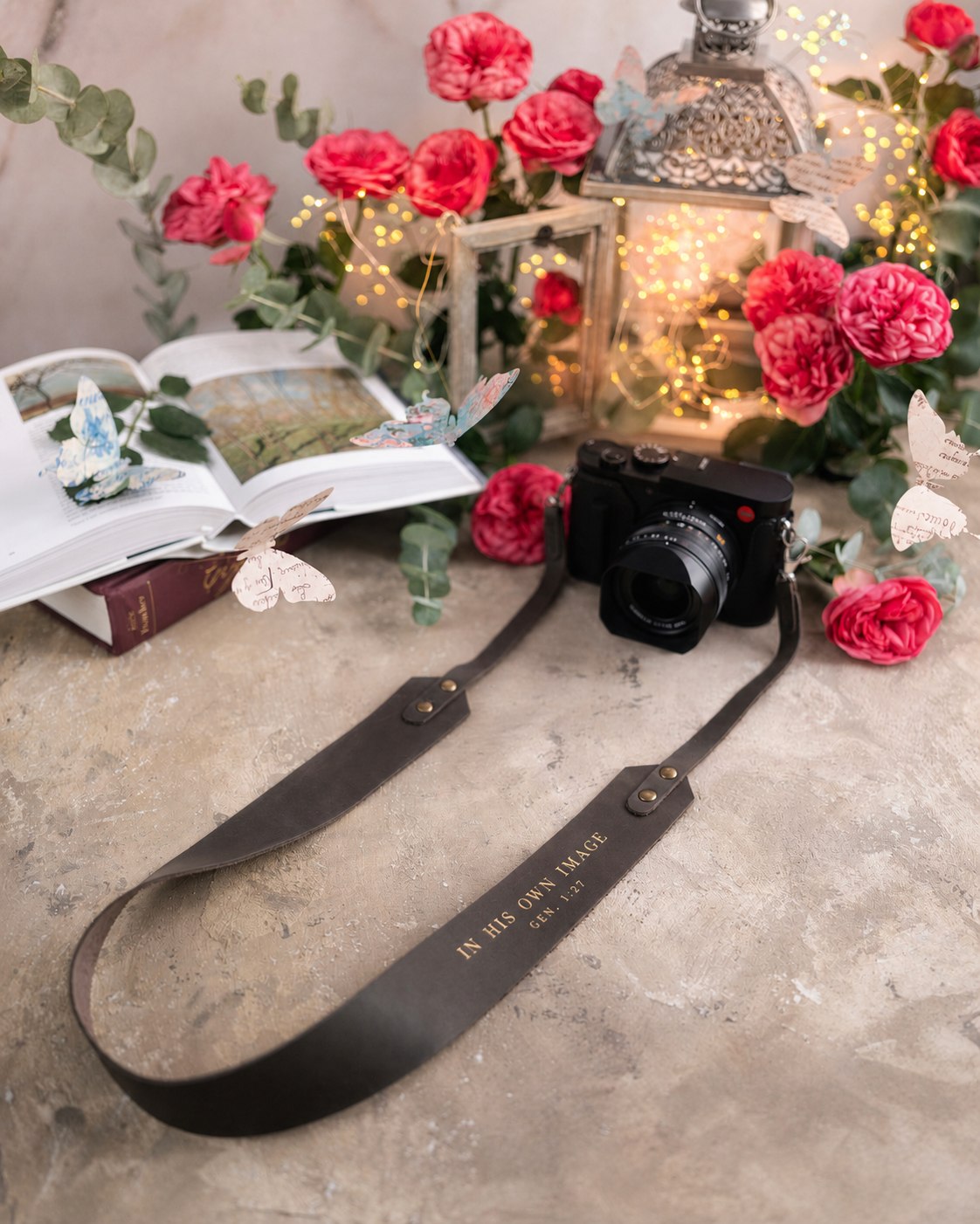 In His Own Image Genesis 1:27 Country Gray full-grain leather camera strap, Christian scripture gift