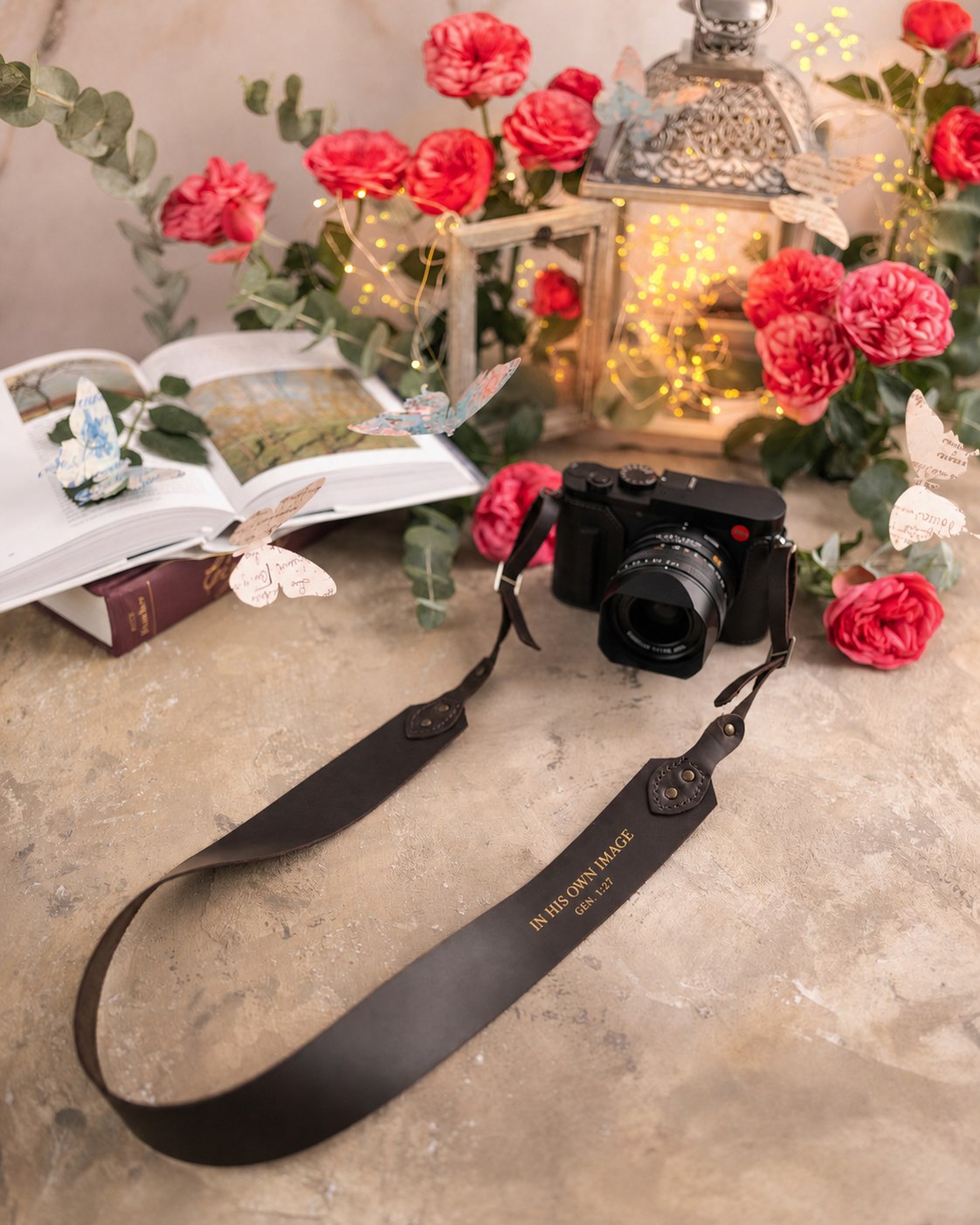 In His Own Image Genesis 1:27 Dark Espresso full-grain leather camera strap, Christian scripture gift
