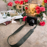 In His Own Image Genesis 1:27 Forest Green full-grain leather camera strap, Christian scripture gift