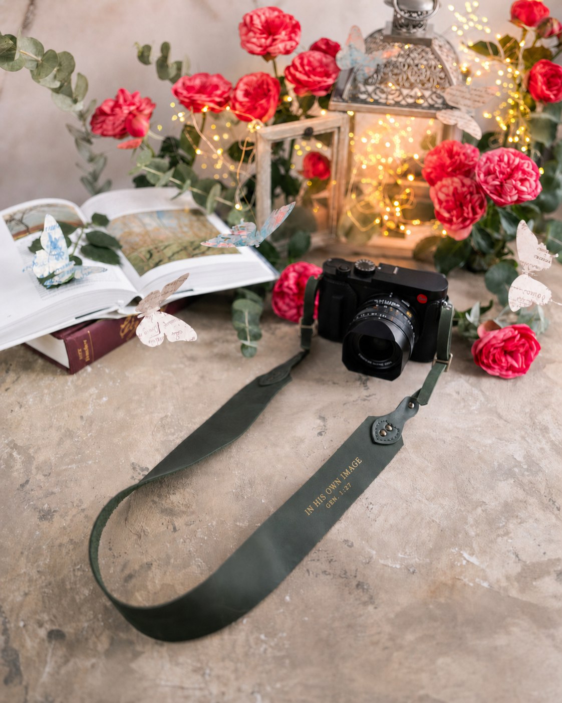 In His Own Image Genesis 1:27 Forest Green full-grain leather camera strap, Christian scripture gift