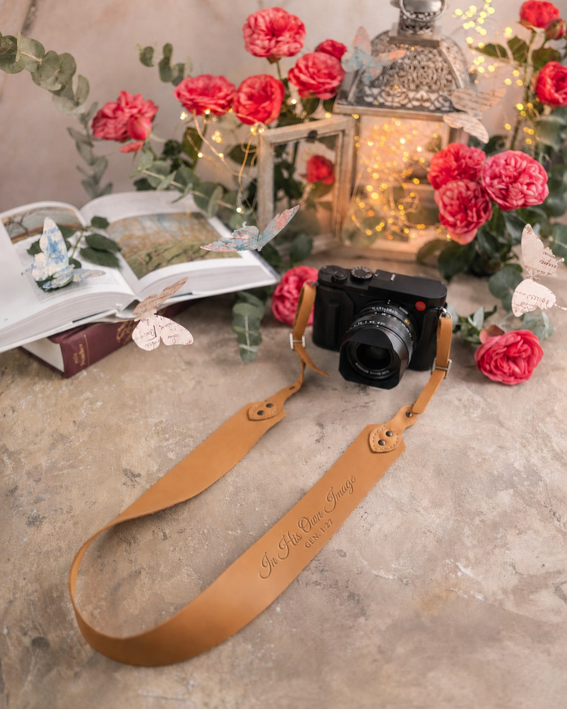 In His Own Image Genesis 1:27 Indian Summer full-grain leather camera strap, Christian scripture gift