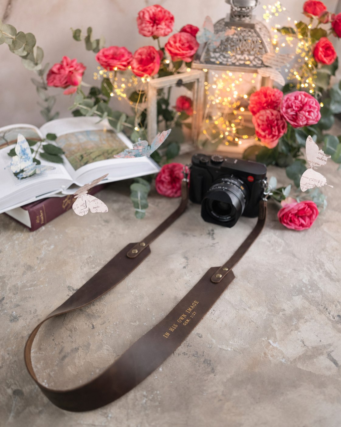 In His Own Image Genesis 1:27 Sicilian Brown full-grain leather camera strap, Christian scripture gift