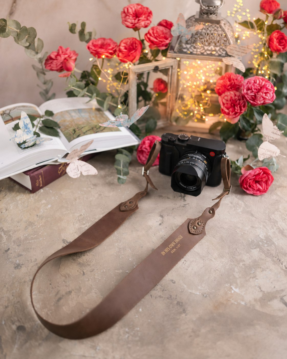 In His Own Image Genesis 1:27 Sicilian Brown full-grain leather camera strap, Christian scripture gift
