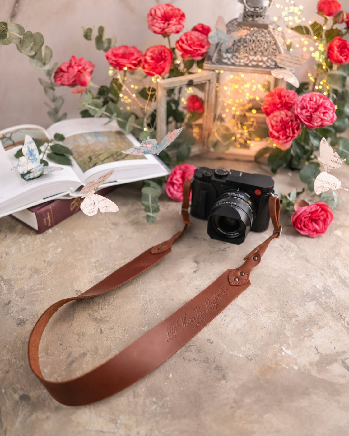 Let There Be Light Genesis 1:3 Arizona full-grain leather camera strap, Christian scripture gift