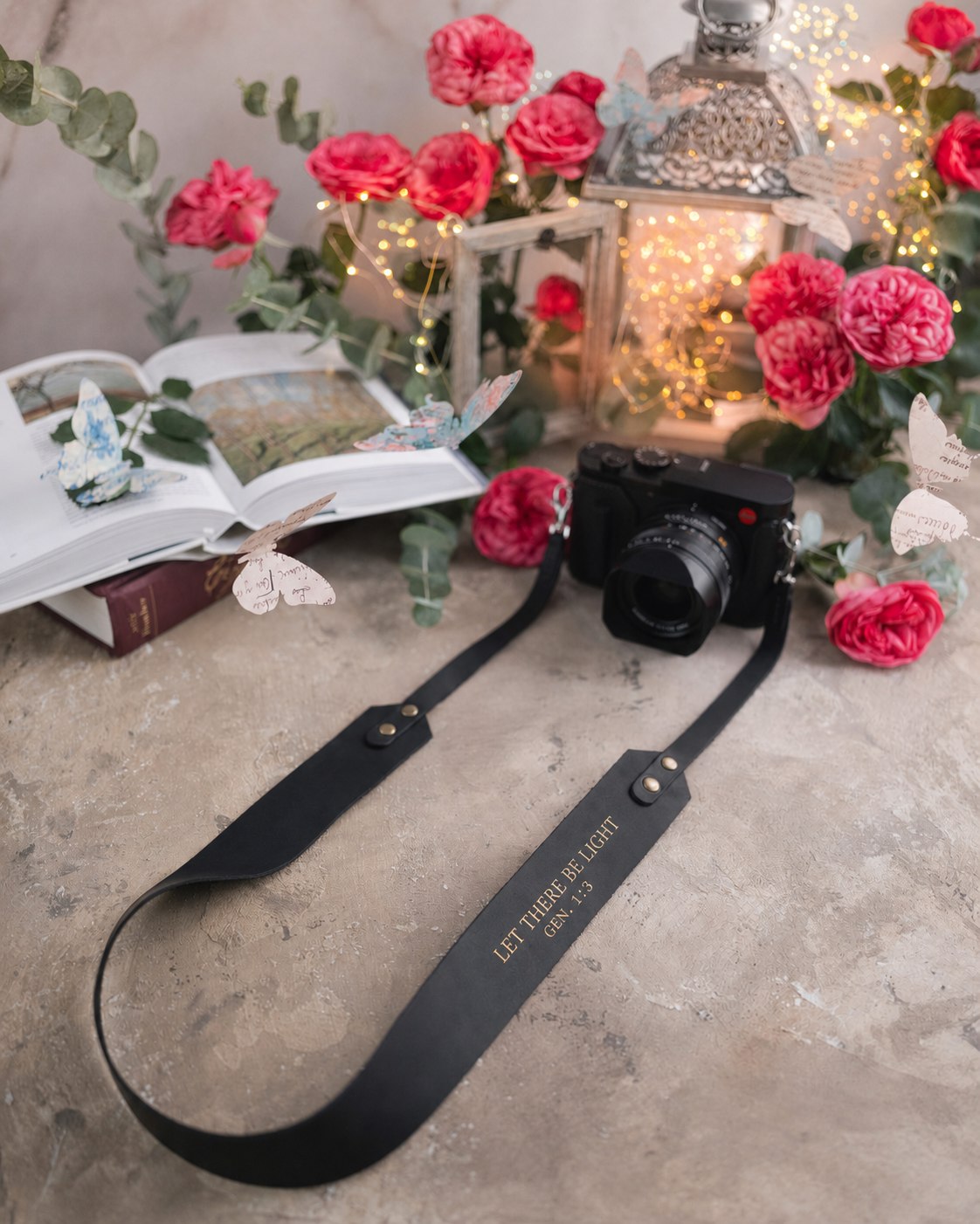 Let There Be Light Genesis 1:3 Black full-grain leather camera strap, Christian scripture gift