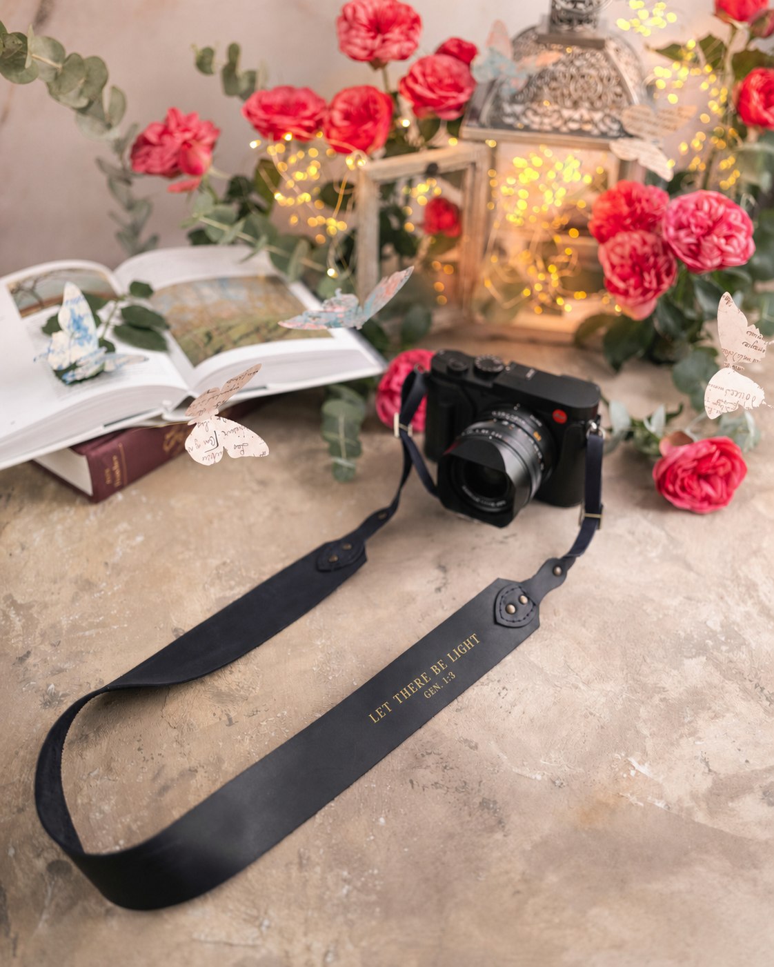 Let There Be Light Genesis 1:3 Blueberry full-grain leather camera strap, Christian scripture gift