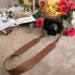 Let There Be Light Genesis 1:3 Caramel full-grain leather camera strap, Christian scripture gift
